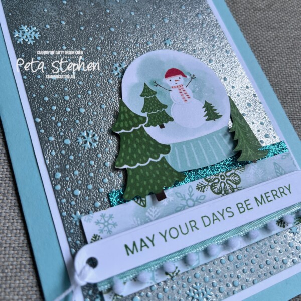 #ctc494 #stampin_cat #snowyscenesdsp #snowflakesky3demb #pompomribbon #decorativetrees #stampinup